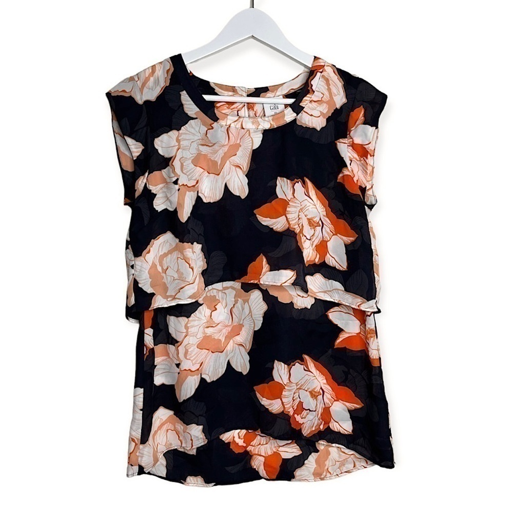 CAbi Women’s Sleeveless Tiered Floral Blossom Top in Blue and Orange Size XS